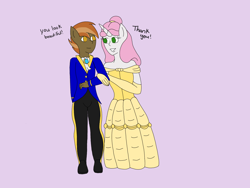Size: 2048x1536 | Tagged: safe, artist:mintymelody, button mash, sweetie belle, anthro, g4, beauty and the beast, belle, clothes, dress, evening gloves, female, gloves, gown, long gloves, male, ship:sweetiemash, shipping, straight