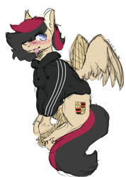 Size: 436x612 | Tagged: artist needed, safe, oc, oc only, oc:porsche speedwings, pegasus, pony, :p, adidas, blue eyes, blushing, clothes, colored sketch, hoodie, looking at you, pegasus oc, requested art, solo, tongue out, tracksuit, wings