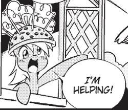 Size: 252x217 | Tagged: safe, seven seas, derpy hooves, pegasus, pony, g4, my little pony: the manga, my little pony: the manga volume 2, colander, cute, derpabetes, female, helpful, reaction image, solo, window