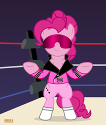 Size: 1900x2244 | Tagged: safe, artist:kuren247, pinkie pie, earth pony, pony, g4, bipedal, bret hart, clothes, crossover, female, jacket, smiling, smirk, solo, sports, wrestling, wrestling ring, wwe