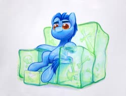 Size: 1020x784 | Tagged: safe, artist:dawnfire, oc, oc only, earth pony, pony, axe, bone, couch, gelatinous cube, sitting, skull, slime, solo, sword, traditional art, weapon