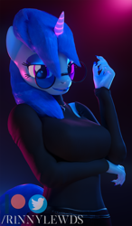 Size: 1123x1920 | Tagged: safe, artist:rinny, oc, oc only, oc:lovebrew, unicorn, anthro, 3d, blender, clothes, eyeshadow, female, glasses, glowing horn, horn, lipstick, long nails, looking at you, makeup, nail polish, smiling, solo, sweater, trans female, transgender, turtleneck, unicorn oc