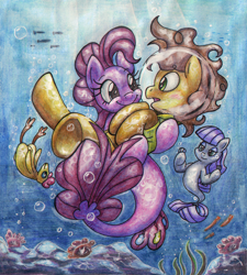 Size: 1400x1559 | Tagged: safe, artist:kannatc, boneless, cheese sandwich, maud pie, pinkie pie, earth pony, fish, pony, seapony (g4), g4, bridal carry, bubble, carrying, cute, diapinkes, female, holding, holding a pony, male, mare, rubber chicken, seaponified, seapony pinkie pie, ship:cheesepie, shipping, species swap, stallion, straight, traditional art, underwater
