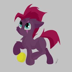 Size: 3376x3336 | Tagged: safe, artist:groomlake, fizzlepop berrytwist, tempest shadow, pony, unicorn, g4, ball, broken horn, clothes, colored, female, filly, filly tempest shadow, high res, horn, looking up, sad, sad face, simple, simple background, solo, younger