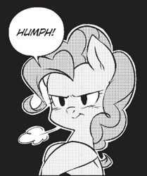 Size: 283x339 | Tagged: safe, seven seas, pinkie pie, earth pony, pony, g4, my little pony: the manga, my little pony: the manga volume 2, black and white, black background, female, grayscale, mare, monochrome, onomatopoeia, pinkie pie is not amused, simple background, solo, speech bubble, unamused, wind