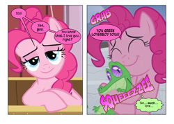Size: 868x621 | Tagged: safe, artist:dziadek1990, edit, edited screencap, screencap, gummy, pinkie pie, g4, bait and switch, comic, conversation, cute, dialogue, diapinkes, fourth wall, hape, hug, looking at you, onomatopoeia, screencap comic, slice of life, sound effects, squeezing, text