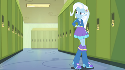 Size: 1920x1080 | Tagged: safe, edit, editor:astroboy84, trixie, equestria girls, g4, canterlot high, clothes, female, lockers, school, skirt, solo, vector