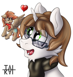 Size: 5000x5259 | Tagged: safe, artist:tai kai, oc, oc:tai, oc:winterlight, pegasus, pony, unicorn, clothes, floating heart, flying, glasses, heart, micro, scarf, simple background, size difference, sticker, tailight, tiny, transparent background