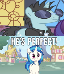 Size: 642x739 | Tagged: safe, edit, edited screencap, screencap, dj pon-3, neon lights, rising star, vinyl scratch, pony, unicorn, g4, my little pony: friendship is magic, sweet and elite, caption, female, image macro, male, mare, meme, ship:vinylights, shipping, stallion, straight, text