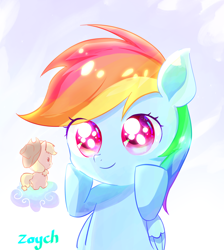 Size: 2204x2462 | Tagged: safe, artist:bronyazaych, applejack, rainbow dash, earth pony, pegasus, pony, g4, appletini, cloud, cute, dashabetes, female, high res, mare, micro, on a cloud