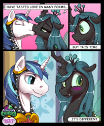 Size: 650x792 | Tagged: safe, artist:empressbridle, queen chrysalis, shining armor, changeling, changeling queen, pony, unicorn, equestria changed, g4, alternate universe, blushing, comic, explicit description, eyes closed, female, kissing, love, male, ship:shining chrysalis, shipping, smiling, stallion, straight, studded leather armor