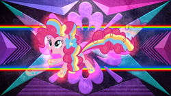 Size: 3840x2160 | Tagged: safe, artist:laszlvfx, artist:sollace, edit, pinkie pie, earth pony, pony, g4, female, high res, mare, rainbow power, show accurate, solo, wallpaper, wallpaper edit