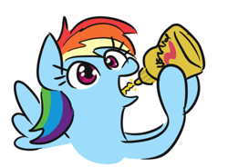 Size: 418x308 | Tagged: safe, artist:jargon scott, rainbow dash, pegasus, pony, g4, condiment, eating, female, food, mare, mustard, open mouth, rainbow mustard, sauce, simple background, solo, that pony sure does love mustard, white background