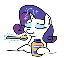 Size: 442x399 | Tagged: safe, artist:jargon scott, rarity, pony, unicorn, g4, and then there's rarity, condiment, dijon mustard, eating, eyes closed, female, food, grey poupon, levitation, magic, mare, mustard, sauce, simple background, solo, spoon, telekinesis, white background