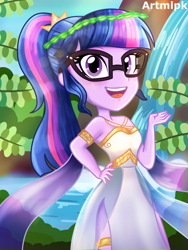 Size: 1536x2048 | Tagged: safe, artist:artmlpk, sci-twi, twilight sparkle, equestria girls, g4, adorable face, adorkable, beautiful, blushing, clothes, costume, crown, cute, design, digital art, dork, dress, female, greek, greek clothes, greek goddess, greek mythology, hand on hip, jewelry, leaf, looking at you, open mouth, outfit, palm leaf, palm tree, princess costume, regalia, sci-twiabetes, smiling, smiling at you, solo, tree, twiabetes, waterfall