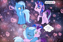Size: 968x640 | Tagged: artist needed, safe, edit, starlight glimmer, trixie, g4, blushing, collage, female, heart, lesbian, ship:startrix, shipping, wallpaper