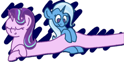 Size: 2100x1050 | Tagged: safe, artist:skookz, starlight glimmer, trixie, pony, unicorn, g4, abstract background, confused, content, cute, duo, eyes closed, female, happy, long glimmer, long pony, lying down, mare, meme, simple background, sitting, transparent background