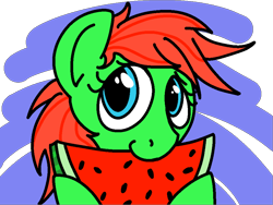Size: 1920x1440 | Tagged: safe, artist:skookz, oc, oc only, oc:crimson sweet, earth pony, pony, abstract background, cute, eating, female, food, fruit, gift art, herbivore, looking at you, mare, nom, seeds, simple background, solo, transparent background, watermelon
