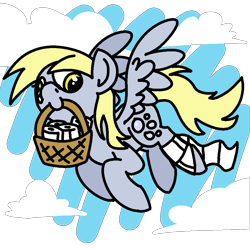 Size: 1920x1920 | Tagged: safe, artist:skookz, derpy hooves, pegasus, pony, g4, abstract background, basket, cloud, cute, derp, female, flying, happy, mare, mouth hold, simple background, sky, solo, spread wings, toilet paper, transparent background, wings