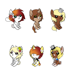 Size: 900x900 | Tagged: safe, artist:ad-opt, oc, oc only, earth pony, pegasus, pony, unicorn, baby, baby pony, colored hooves, crown, earth pony oc, flower, flower in hair, hair over eyes, jewelry, pegasus oc, regalia, simple background, sitting, transparent background, wings