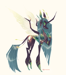 Size: 1656x1889 | Tagged: dead source, safe, artist:iheyyasyfox, queen chrysalis, changeling, changeling queen, g4, alternate design, eye clipping through hair, female, insectoid, lanky, skinny, solo, thin