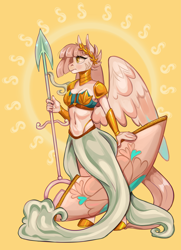 Size: 2701x3729 | Tagged: safe, artist:corelle-vairel, oc, oc only, pegasus, anthro, armor, clothes, female, high res, mare, shield, skirt, solo, spear, weapon
