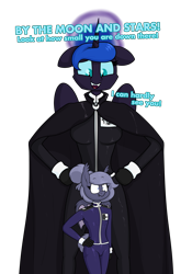 Size: 1697x2421 | Tagged: safe, artist:moonatik, nightmare moon, oc, oc:selenite, alicorn, bat pony, anthro, g4, bat pony oc, bat wings, cape, clothes, dialogue, epaulettes, female, gloves, mare, military uniform, missing accessory, sharp teeth, simple background, size difference, smol, tall, teeth, transparent background, wings