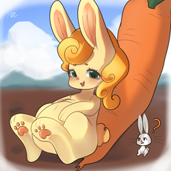 Size: 3000x3000 | Tagged: safe, artist:choyamy, angel bunny, carrot top, golden harvest, rabbit, g4, animal, belly, blushing, bunnified, carrot, chubby, cutie top, duo, female, food, herbivore, high res, looking at you, open mouth, question mark, sitting, species swap