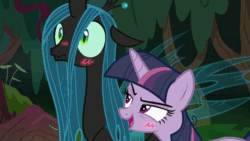 Size: 640x360 | Tagged: safe, derpibooru exclusive, edit, edited screencap, editor:skookz, screencap, mean twilight sparkle, queen chrysalis, alicorn, changeling, pony, g4, the mean 6, animated, bedroom eyes, blushing, duo, everfree forest, eyebrow wiggle, female, flustered, forest, gif, i need an adult, lewd, mare, night, open mouth, regalia, spread wings, wings
