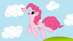 Size: 6400x3600 | Tagged: safe, artist:mawscm, pinkie pie, earth pony, pony, g4, absurd resolution, cloud, cupcake, cute, diapinkes, female, food, mare, open mouth, sky, solo