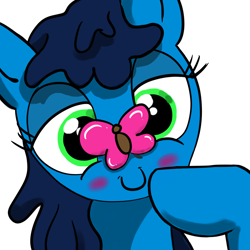 Size: 1500x1500 | Tagged: safe, anonymous artist, oc, oc only, unnamed oc, butterfly, pony, blushing, bust, cute, female, happy, hoof on chin, lidded eyes, mare, simple background, smiling, solo, white background