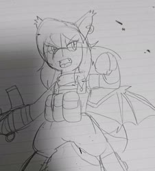 Size: 1853x2048 | Tagged: safe, artist:omegapony16, oc, oc only, oc:oriponi, bat pony, pony, unicorn, armor, bat pony oc, bat wings, bipedal, clothes, ear piercing, earring, female, jewelry, lineart, lined paper, mare, open mouth, piercing, scarf, solo, traditional art, wings