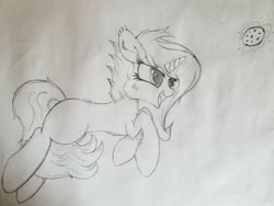 Size: 2016x1512 | Tagged: safe, artist:straighttothepointstudio, oc, oc only, oc:fluorescia harvest, pony, unicorn, adorable face, black and white, blank flank, cookie, cute, female, filly, fluffy, food, freckles, grayscale, happy, long hair, long mane, long tail, monochrome, solo, traditional art