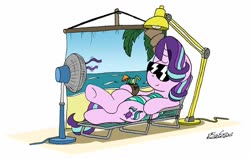 Size: 1024x651 | Tagged: safe, artist:bobthedalek, starlight glimmer, pony, unicorn, g4, backdrop, beach chair, bikini, chair, clothes, coconut cup, fan, female, lamp, mare, on back, relaxing, solo, sunglasses, swimsuit, vacation