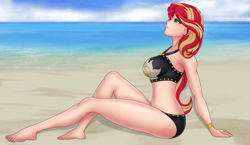 Size: 1975x1146 | Tagged: safe, artist:anonix123, part of a set, sunset shimmer, human, equestria girls, g4, barefoot, beach, beach babe, big breasts, bikini, breasts, clothes, feet, female, human coloration, legs, ocean, sand, sexy, solo, stupid sexy sunset shimmer, summer sunset, swimsuit, thighs