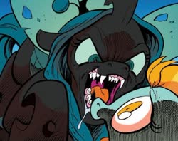 Size: 574x455 | Tagged: safe, artist:andypriceart, idw, lightning dust, queen chrysalis, changeling, changeling queen, pegasus, pony, g4, siege of the crystal empire, spoiler:comic, spoiler:comic36, cropped, drool, drool string, fangs, female, mare, nightmare fuel, out of context