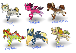 Size: 2300x1600 | Tagged: safe, artist:lavvythejackalope, oc, oc only, oc:chocolate kisses, oc:crisp apple, oc:fancy, oc:martini, oc:stardust, oc:think pink, earth pony, pegasus, pony, base used, braid, braided tail, candy, colored hooves, earth pony oc, food, hair over one eye, hat, hoof polish, licking, licking lips, lollipop, pegasus oc, simple background, smiling, text, tongue out, top hat, white background, wings