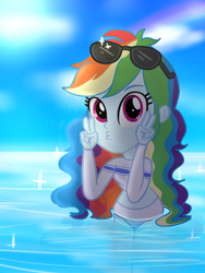 Size: 1500x2000 | Tagged: safe, artist:saltymango, rainbow dash, equestria girls, g4, alternate clothes, alternate hairstyle, beach, beautiful, clothes, cute, dashabetes, female, looking at you, ocean, peace sign, solo, swimsuit