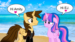 Size: 3840x2160 | Tagged: safe, artist:ejlightning007arts, oc, oc only, oc:ej, oc:hsu amity, alicorn, pony, alicorn oc, amityej, beach, clothes, cute, duo, female, heart, high res, horn, implied shipping, male, mare, ocean, smiling, speech bubble, stallion, together, wallpaper, wings