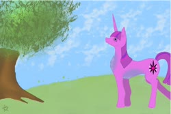 Size: 1200x800 | Tagged: safe, artist:8l4ck0u7, twilight sparkle, pony, unicorn, g4, chest fluff, female, mare, raised leg, solo, tree, unicorn twilight