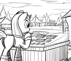 Size: 700x600 | Tagged: safe, artist:sirvalter, oc, oc only, oc:weatherglass, pony, unicorn, fanfic:steyblridge chronicle, black and white, clothes, duo, fanfic, fanfic art, female, forest, grayscale, hooves, horn, illustration, lab coat, mare, monochrome, outdoors, research institute, rocket, scientist, test site, testing area, tree