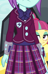 Size: 701x1080 | Tagged: safe, screencap, sour sweet, sunny flare, equestria girls, g4, my little pony equestria girls: friendship games, bowtie, clothes, cropped, crystal prep academy uniform, female, freckles, plaid skirt, pleated skirt, school uniform, skirt, sunny flare's wrist devices