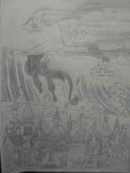 Size: 1944x2592 | Tagged: safe, artist:princebluemoon3, cosmos, oc, oc:tommy the human, draconequus, human, comic:the chaos within us, g4, black and white, canterlot, canterlot castle, chaos, comic, commissioner:bigonionbean, confused, dialogue, drawing, dream, female, grayscale, human oc, macro, magic, monochrome, night, nightmare, traditional art, writer:bigonionbean