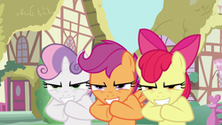 Size: 1920x1080 | Tagged: safe, screencap, apple bloom, scootaloo, sweetie belle, earth pony, pegasus, pony, unicorn, g4, one bad apple, 1080p, bipedal, cutie mark crusaders, evil smile, female, filly, gendo pose, grin, le happy merchant, smiling