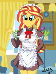 Size: 850x1135 | Tagged: safe, artist:cafakero, sunset shimmer, equestria girls, g4, apron, clothes, dress, female, maid, solo