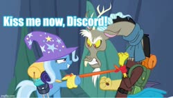 Size: 739x416 | Tagged: safe, edit, edited screencap, screencap, discord, trixie, g4, to where and back again, caption, female, image macro, male, meme, shipping, straight, text, trixcord