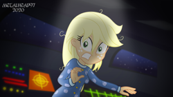 Size: 8000x4500 | Tagged: safe, artist:metalhead97, applejack, comic:applejack gets anal probed, equestria girls, g4, applejack's hat, breasts, clothes, cowboy hat, dark, freckles, hat, nervous, pajamas, scared, scaredy applejack, show accurate, spaceship, this will end in probing