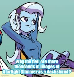 Size: 500x525 | Tagged: safe, edit, idw, trixie, equestria girls, g4, spoiler:comic, spoiler:comicequestriagirlsmarchradness, cropped, implied starlight glimmer, long glimmer, meme
