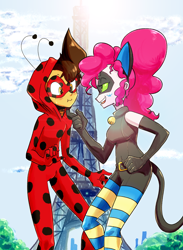 Size: 2200x3000 | Tagged: safe, artist:manic-the-lad, pinkie pie, oc, oc:copper plume, equestria girls, g4, bedroom eyes, bell, belt, blushing, canon x oc, cat bell, cat ears, chat noir, chin scratch, clothes, cloud, commission, commissioner:imperfectxiii, copperpie, cosplay, costume, crossover, eiffel tower, female, gloves, high res, hoodie, ladybug (miraculous ladybug), long gloves, male, mask, miraculous ladybug, ponytail, shipping, sky, socks, straight, striped socks, striped stockings, sun, tail