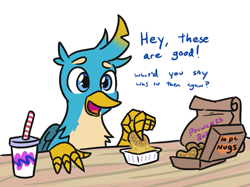 Size: 745x558 | Tagged: safe, artist:jargon scott, gallus, bird, chicken, griffon, g4, carnivore, chicken meat, chicken nugget, cute, dialogue, dipping sauce, drink, food, gallabetes, gallus the rooster, male, meat, oh no, simple background, soda, solo jazz, this will not end well, white background